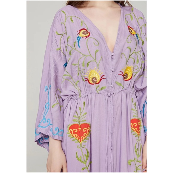 Boho Embroidered Hearts Floral Birds Long Maxi Kimono Dress - Picture 13 of 16